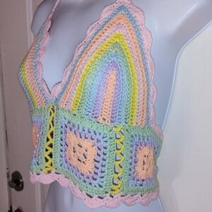 WoWo Pastel Crochet Rainbow Halter Top